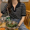 Laid-back striped V-neck pullover 2022 women's summer new retro T-shirt Loose short-sleeved knitted top Application Scenario